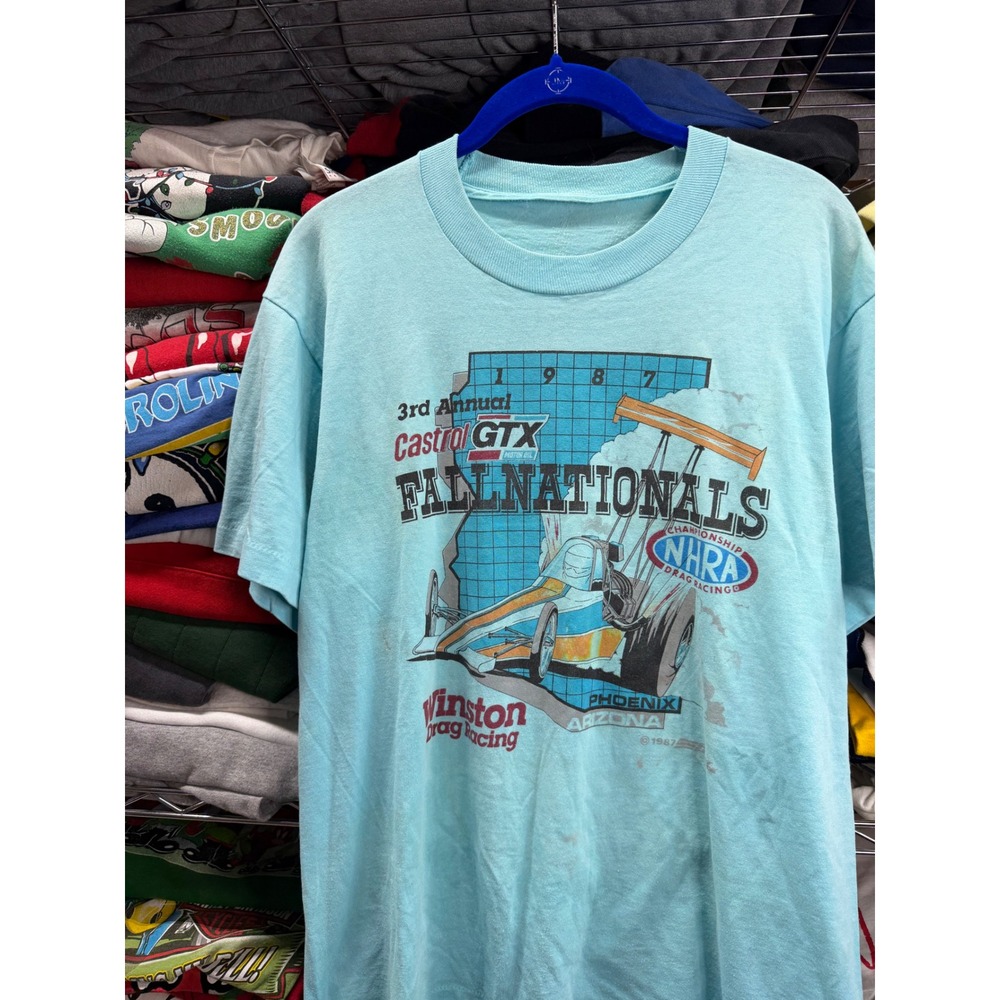 Vintage 1987 NHRA Fallnationals Phoenix Drag Racing T-Shirt Blue 80s Castrol GTX